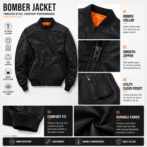 Solid Men's Autumn Streetwear Classic Fit Bomber <b>Jacket</b> with Waterproof Zipper Closure and Stand Collar Polyester/Nylon - Product Image 4