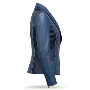 Shawl Lapel Womens Royal Blue Lambskin <b>Leather</b> <b>Jacket</b> Two Tone Fitted Slim <b>Blazer</b> Style Biker Outerwear Deep Navy - Product Image 3