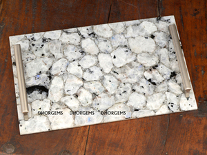 Plateau rectangulaire en agate naturelle brun foncé avec motif cristallin style géode et poignées décoratives pour la maison, l'hôtel, le restaurant - Product Image 4