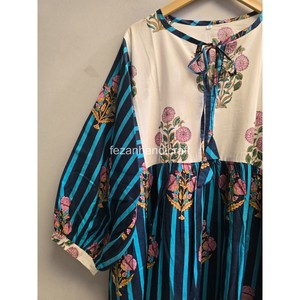 Robe midi bohème à rayures florales avec manches lanternes, col noué, coupe ample, 100% coton tissé, robe décontractée d'été - Product Image 2
