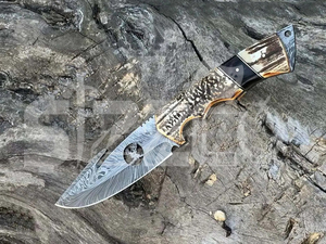 Couteau de chasse OEM en acier Damas Wirecut, couteau à dépecer et à éviscérer à lame fixe, couteau de camping et d'extérieur EDC avec étui en cuir - Product Image 5