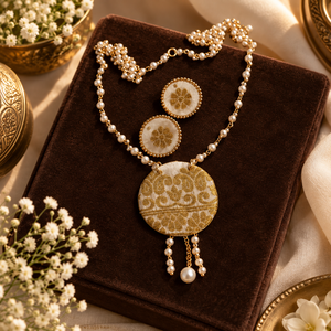 Elegant Muga Silk Fabric Pearl Necklace <b>Set</b> with Handcrafted Floral Pendant and Matching Earrings Traditional <b>Indian</b> <b>Jewellery</b> - Product Image 5