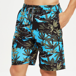 Shorts de Baño para Hombre, Estampados, de Secado Rápido, con Cordón en la Cintura, Casuales, Azul y Negro, con Estampado de Palmeras, Corte Medio - Product Image 3