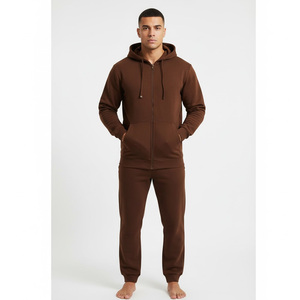 Conjunto Deportivo Personalizado de Forro Polar Marrón Transpirable para Hombre, Sudadera con Cierre de Cremallera y Cordón Ajustable, Pantalones Jogger, Cálido e Informal para Invierno - Product Image 1