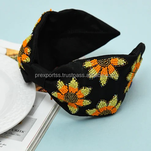 Luxury Handmade Eco-Friendly Waterproof Grey Women's Unisex <b>Headband</b> Beaded Floral Embroidered Red Flower Design Knotted Padded - Product Image 5