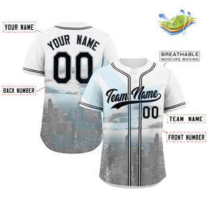 Maillot de baseball blanc personnalisé pour homme, imprimé sublimation paysage urbain, manches courtes, respirant, antibactérien, en polyester, avec nom du joueur - Product Image 4