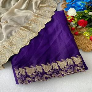 Sari VASTRA COTTAGE Premium Star Georgette avec broderie Zari dorée épaisse et bordure festonnée - Product Image 3