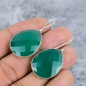Green Onyx Pear Cut Gemstone 925 <b>Sterling</b> <b>Silver</b> Handmade Bezel Setting Trendy Earrings for Women Party Engagement Gift - Product Image 3
