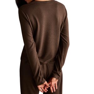 Camiseta de Manga Larga con Cuello en V para Mujer, Color Marrón, Corte Regular, Ecológica, de Secado Rápido, Transpirable, de Algodón, Informal - Product Image 5