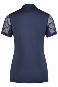 Navy Blue High Neck Short Sleeve Top With Mesh Shoulder Panels And Front Keyhole Detail - Product Image 3