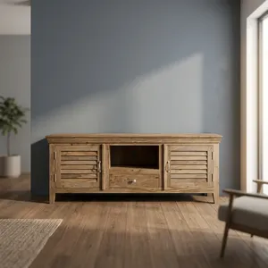 Mueble de TV con Persianas de Madera, Armarios de Almacenamiento, Estante Abierto y Cajón, Soporte de Entretenimiento Rústico para Sala de Estar - Product Image 2