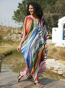 Robe Abaya Maxi Col V Manches Trois-Quarts Imprimé Géométrique Coupe Ample Ourlet Asymétrique Polyester Femme Plage Été Bohème - Product Image 6