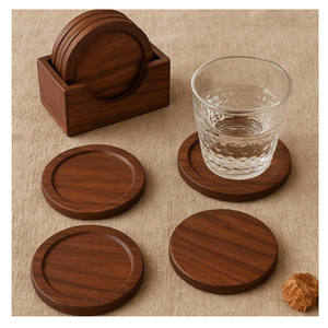 Shiny Finished Round Shape Wood Tea Coaster Serving Drinks Juices Snacks Tabletop Decorative With Holder <b>Walnut</b> Pad At Low Price - Product Image 4
