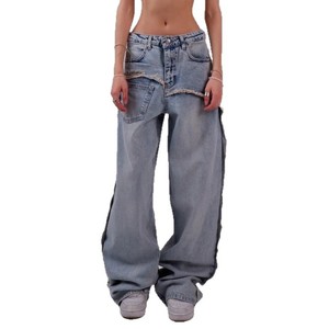 Vaqueros de mezclilla de cintura alta y pierna ancha con patchwork, corte holgado, largo completo, de algodón lavado a la piedra, estilo casual para mujer, estilo otoñal - Product Image 6