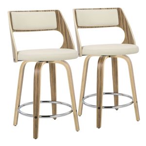 Sgabello da Bar Cecina 24 Pollici Stile Mid-Century Moderno, Altezza Fissa con Base Girevole in Legno Zebrano e Ecopelle Crema, Finitura Cromata - Product Image 1