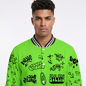 Cotton Fleece Casual Winter Stand Collar Neon Green <b>Varsity</b> <b>Jacket</b> Custom Screen Print for Men and Women - Product Image 2