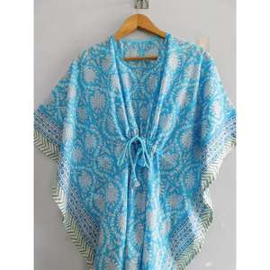 Vestido Kaftán Maxi de Algodón con Estampado de Bloques, Cuello en V, Manga Murciélago, Hecho a Mano, Estilo Boho, para Playa, Túnica Holgada, Ecológico, Natural y Transpirable - Product Image 5