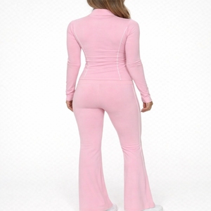 Women Seam Detail Tracksuit <b>Zip</b> <b>Up</b> <b>Jacket</b> & Flare Pants Activewear Set Flare Breathable & Comfort Tracksuit For Women - Product Image 2