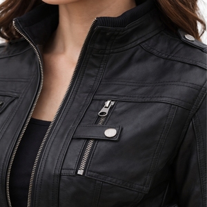 Veste en cuir noir ajustée pour femme avec fermeture éclair intégrale sur le devant, style moto, manches longues, col montant, style streetwear - Product Image 4