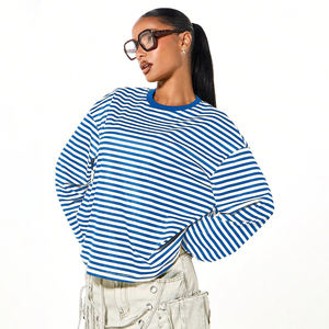 Camiseta a Rayas de Manga Larga con Cuello Redondo de Alta Calidad al por Mayor, Ajuste Holgado, Informal, de Verano para Mujer, Tejida, 100% Algodón - Product Image 1