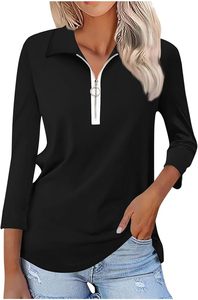 เสื้อทูนิคซิปผู้หญิง ดีไซน์หรูหรา น้ำหนักเบา กระชับรูปร่าง แขนสามส่วน ผ้าเรียบ ใส่ได้ทุกวัน สำหรับฤดูใบไม้ผลิและฤดูใบไม้ร่วง - Product Image 4