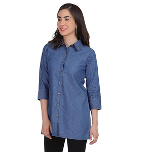 Chemise Western de Haute Qualité pour Femme, Style Cowgirl, Élégante, Manches Longues, Couleur Bleu Foncé Uni, Boutonnée, en Denim, Blouse pour Femme - Product Image 5