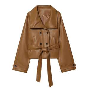 Veste en cuir véritable pour femme, style européen, double boutonnage, doublure en fausse fourrure, respirante et écologique - Product Image 3