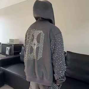 New Arrival Acid <b>Wash</b> Streetwear Heavyweight Solid Warm Winter High Quality Custom Logo Cotton Rhinestone Tracksuit - Product Image 3
