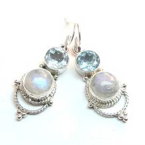 Boucles d'oreilles pendantes en argent sterling 925 avec pierre de lune arc-en-ciel et topaze bleue, bijoux vintage faits à la main en pierres précieuses - Product Image 1