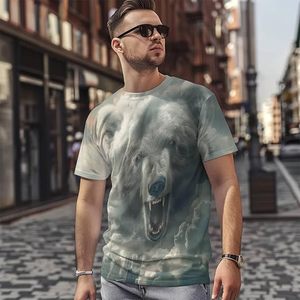 T-shirt à manches courtes pour homme, col rond, imprimé graphique tête d'ours Cloud City, coupe ample, style streetwear décontracté, 100% coton tricoté - Product Image 3