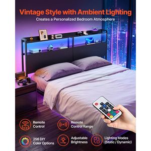 Cabecera de Cama King Size con Luces LED, 2 Estantes de Almacenamiento, 3 Tomas de Corriente y 3 Puertos USB, Estructura Resistente de Acero al Carbono - Product Image 3