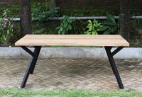 Table à manger rectangulaire en teck recyclé avec plateau en bois et pieds en aluminium, design moderne et minimaliste, finition bien poncée, pour l'extérieur et les hôtels