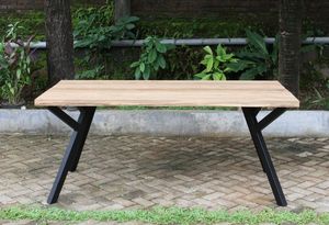 <b>Rectangular</b> Dining Table Recycled Teak Wood Top Metal Legs Modern Minimalist Design Outdoor Courtyard Furniture 6 Seat Capacity - Product Image 2