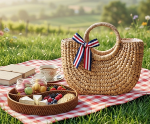 กระเป๋าถือสานมือจากผักตบชวา ลายรักชาติ พร้อมหูจับทรงกลมและโบว์ริบบิ้น เหมาะสำหรับใส่ไปเที่ยวทะเลหรือชุดลำลองในวันหยุด จากเวียดนาม - Product Image 5