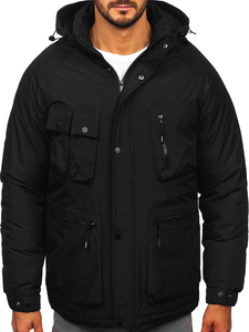 Chaqueta acolchada negra con capucha para hombre, con cierre de cremallera y múltiples bolsillos, abrigo informal de invierno, grueso, con relleno de poliéster, a prueba de viento - Product Image 2