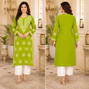 Kurti droit en coton brodé à la main Chikankari vert pour femme, best-seller, avec col en tissu ethnique à motif floral - Product Image 4