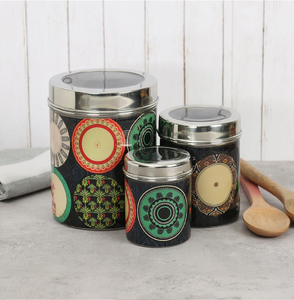 Vibrant trio of black <b>canisters</b> displays colorful mandala artwork and clear viewing lids. Available for bulk wholesale orders. - Product Image 1