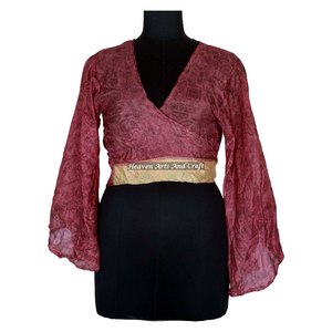 Top de seda multicolor para mujer, top de seda reciclada, top indio de seda con mangas acampanadas, top hippie con lazo frontal, estilo retro informal. - Product Image 3