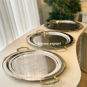 Handmade <b>Round</b> Aluminum <b>Tray</b> Brown Wooden Handle Traditional Hammered Design Gold Polished Serving <b>Tray</b> Home Hotel Salad Decor - Product Image 3