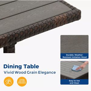 Set da Pranzo in Vimini da Esterno a 7 Pezzi, Divano Sezionale a 9 Posti con Cuscini Blu, Pouf e Tavolo da Pranzo per Portico e Giardino - Product Image 6