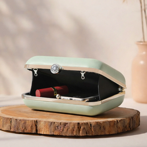 Designer Lotus Lady Printed Clutch Pastel Green Metal <b>Frame</b> Hard Case Satin Fabric Exterior Raw Silk Inner Crystal Stone Closure - Product Image 2