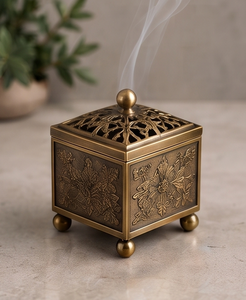 Handmade Metal <b>Incense</b> <b>Cone</b> Holder Square Box Burner Embossed Floral Panels Openwork Lid Stand - Product Image 2