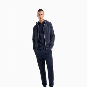 Men's Navy Blue Hooded Tracksuit Full Zipper Casual Wear Solid Color Polyester Regular Fit Autumn Sportswear with Side Pockets - Product Image 1