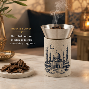Quemador de incienso con estampado de mezquita, plato plateado cepillado con base de cilindro de lino, presenta un elegante diseño índigo de minaretes bajo una luna creciente. - Product Image 5