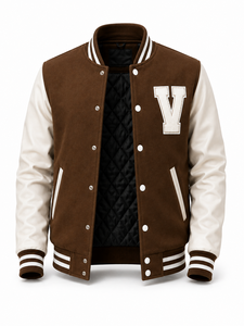 Chaqueta Varsity Unisex Marrón con Mangas Blancas, Parche Bordado con la Letra V, Estilo Urbano, Cuello Camisero, Corte Regular, Ropa de Invierno - Product Image 2