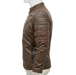 เสื้อแจ็คเก็ตหนังสีน้ำตาลสำหรับผู้ชาย คอตั้ง ซิป แต่งขอบสีแดง - Product Image 6