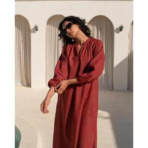 Women Cotton Linen <b>Boho</b> Maxi <b>Dress</b> Red Long Sleeve Loose Fit Ethnic Style Vacation Midi <b>Dress</b> - Product Image 3