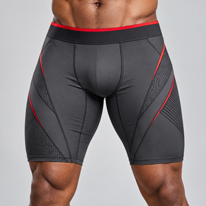 Shorts de compression gris pour hommes avec bordure rouge, respirants, pour la course à pied, la gym, les entraînements, sous-vêtements de sport, shorts de compression premium - Product Image 1