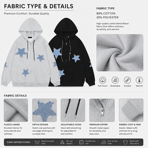 Denim Star Patch <b>Zip</b>-<b>Up</b> V-neck Cardigan Sweatshirt Autumn 100% Cotton Fleece Oversized Streetwear Jacket Breathable Men's - Product Image 6
