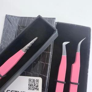 Ensemble de pinces à cils anti-magnétiques en acier inoxydable de qualité supérieure, roses, droites et courbées, pour extensions de cils volume, avec découpe chat mignonne personnalisée - Product Image 2